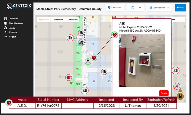 image is a screenshot showing the user interface of Centegix's Safety Blueprint software and its dynamic digital mapping feature for safety planning and incident response 